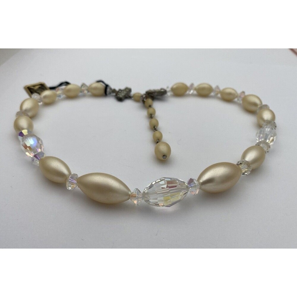 Vintage NOS w/tag Coro Crystal AB & Cream Faux Pearl Choker/Collar Necklace RARE